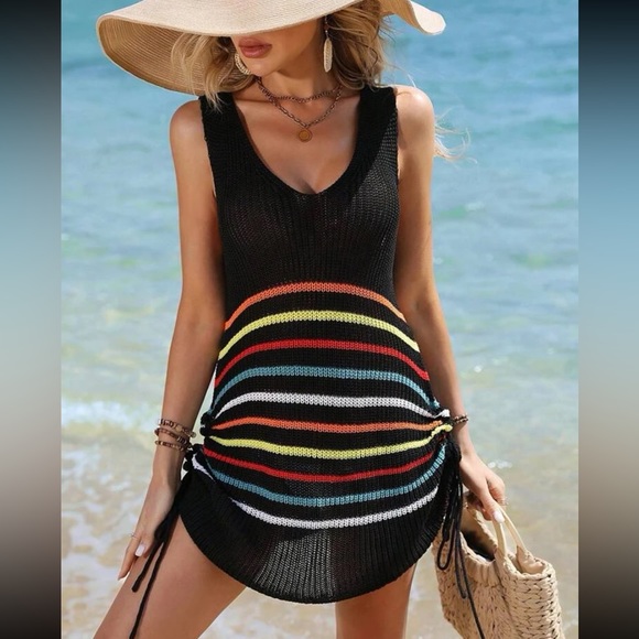 Sexy Knit Ruched Drawing String Swim Bath Suit Cover Up Dress White - Picture 7 of 12